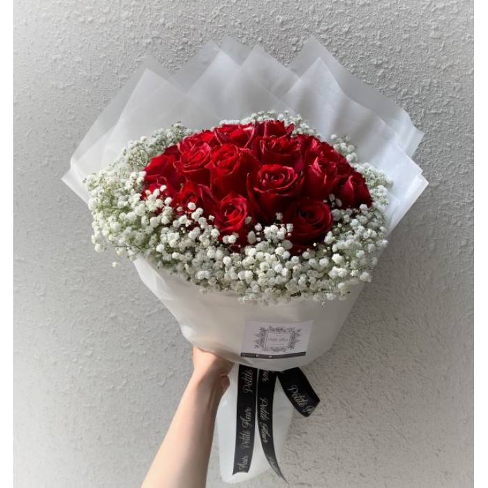 24 Premium Roses with Gypsophila