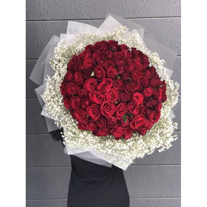 99 Premium Roses with Gypsophila