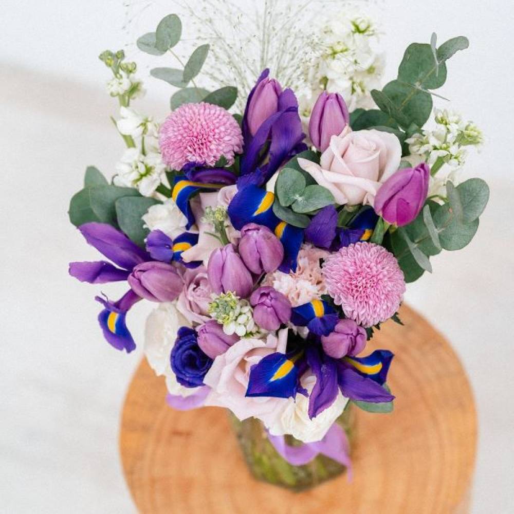 Iris and Tulip Vase Arrangement