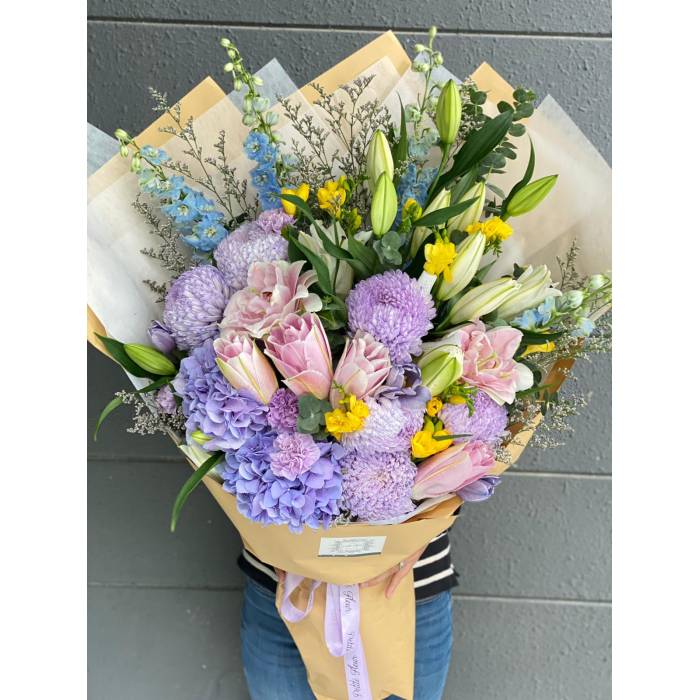Double Petaled Lily and Delphinium Bouquet
