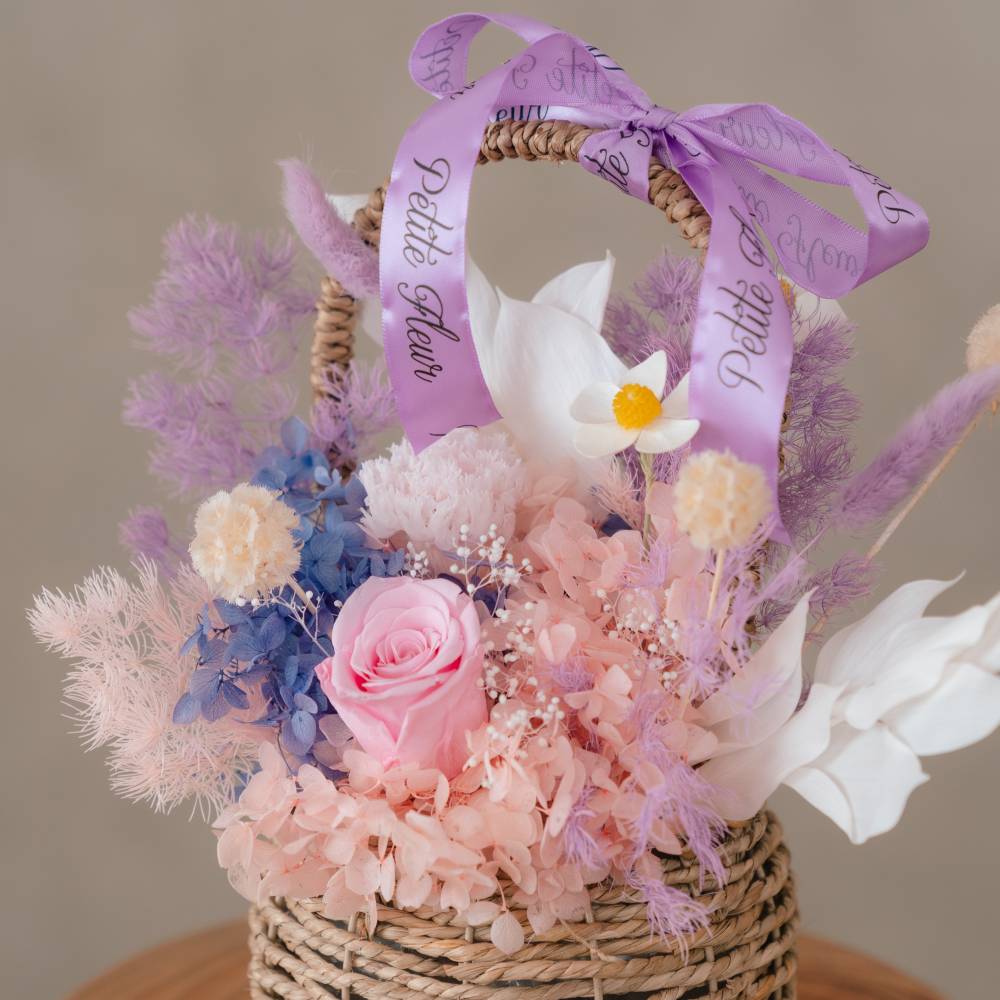 Everlasting Pink Rose and Hydrangeas Garden Basket Arrangement