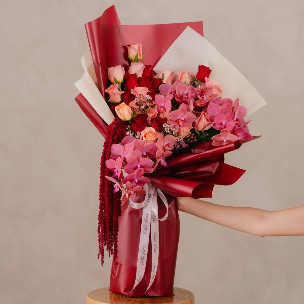 Crimson Elegance – Signature Orchid & Rose Bouquet