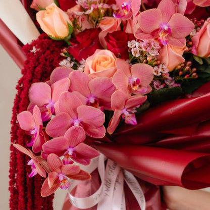 Crimson Elegance – Signature Orchid & Rose Bouquet