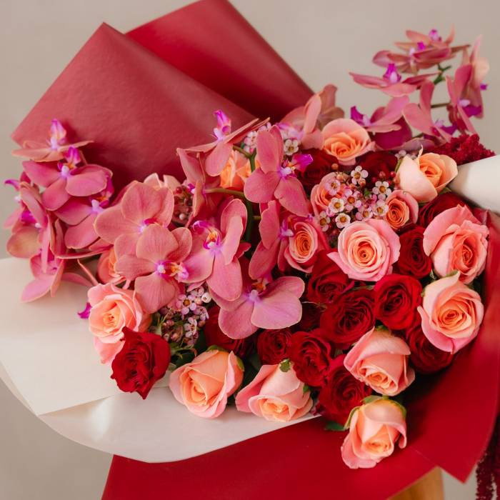 Crimson Elegance – Signature Orchid & Rose Bouquet